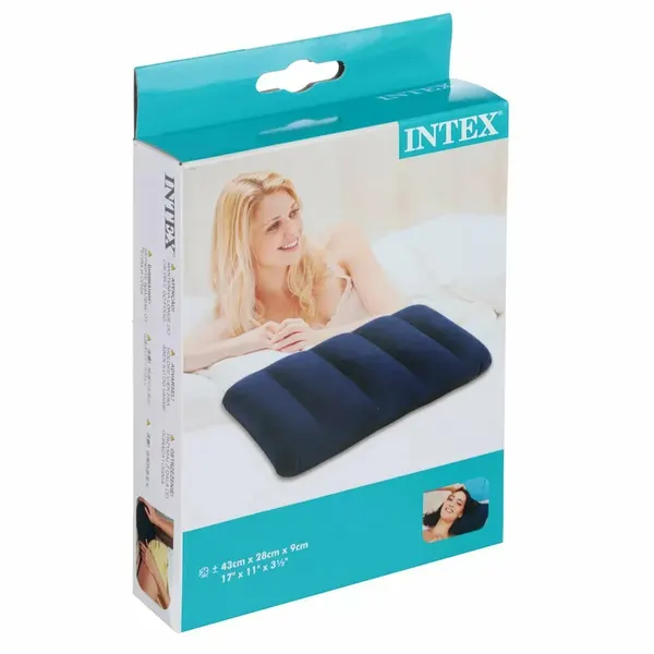 Надувная подушка INTEX синяя, флокированная, размер 43х28х9 см
