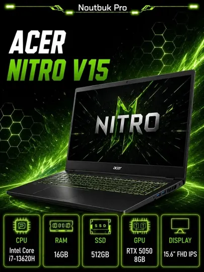 Ноутбук Acer Nitro V15 Intel Core i7-13620H RAM 16GB SSD 512GB RTX 5050 8GB 15.6" FHD IPS - Игровые ноутбуки