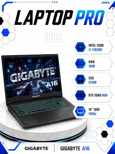 Ноутбук GIGABYTE A16 Intel Core i7-13620H RAM 16GB SD 512GB RTX 5060 8 GB 16" QHD 165Hz - Игровые ноутбуки
