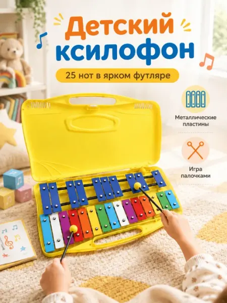 Детский металлофон 25 нот с кейсом цветной с молоточками