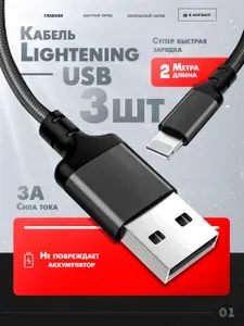 Кабель для мобильных устройств Apple Lightning/USB 2.0 Type-A, 2 м, черный 3ШТ