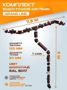 Водосточная система Grand Line 7,5 м ( 120мм/90мм ) Коричневый водосток для крыши пластиковый Гранд Лайн ( RAL 8017 Шоколад ) ПВХ Кронштейн /1 слив
