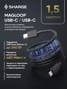 Кабель Sharge MagLoop USB Type-C 1.5 м чёрный