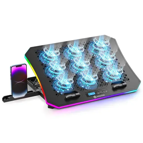Охлаждающая подставка для ноутбука Evolution LCS-05 RGB, игровая, до 17.3 дюймов, 9 вентиляторов, с ЖК-дисплеем, 10 режимов RGB, 7 уровней наклона, держатель для смартфона.