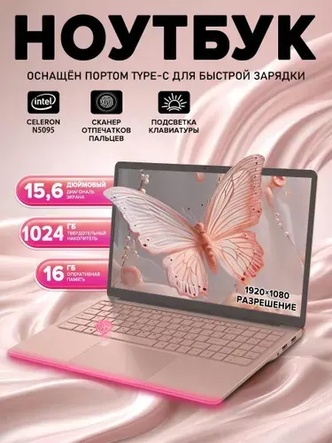 Ноутбук 15.6", Intel Celeron N5095A, RAM 16 ГБ, SSD 1024 ГБ, Intel UHD Graphics 750, Windows Pro, розовый, светло-розовый, Русская раскладка