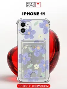 Чехол на Apple iPhone 11 (Айфон 11) с карманом с цветочками