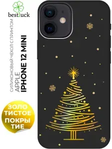 Силиконовый чехол на Apple iPhone 12 Mini с принтом "Ёлка в танце снежинок" матовый черный