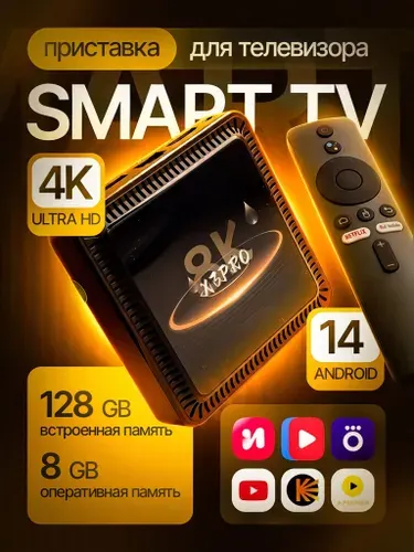 Смарт ТВ приставка для телевизора, 128/8 GB, Android 14