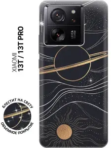 Матовый Soft Touch силиконовый чехол на Xiaomi 13T / 13T Pro / Сяоми 13Т / 13Т Про с 3D принтом "Сатурн, солнце и звезды" черный