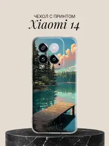 Чехол на Xiaomi 14 с принтом Озеро в хвойном лесу