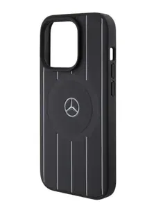Чехол Mercedes Leather Stars pattern MagSafe на Apple iPhone 15 Pro из натуральной кожи с полосами с функцией Магсейф, черный