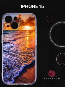 Чехол на iPhone 15 прозрачный с рисунком, с защитой камеры, с принтом ЗАКАТ НА БЕРЕГУ / Айфон 15