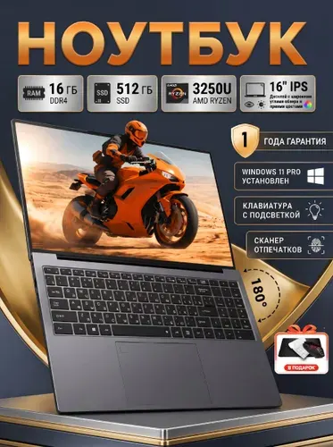 Ноутбук 16", AMD Opteron 3250, RAM 16 ГБ, SSD 512 ГБ, AMD Radeon, Windows Pro, черный, серый, Русская раскладка