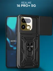 Противоударный чехол для Realme 16 Pro Plus 5G, 16 Pro+ (Реалми 16 Про Плюс, 16 Про+) пластиковый, бронированный, с кольцом для пальцев, черный ROSCO