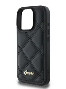 Чехол Guess PU Quilted на Apple iPhone 16 Pro из стеганой экокожи с металлическим логотипом Script, черный