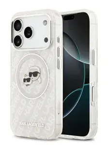 Чехол Karl Lagerfeld на iPhone 17 Pro, IML MagSafe, c двухслойным покрытием IML, c металлическими защитой камеры и кнопками, с принтом NFT Karl&Choupette Head, серый