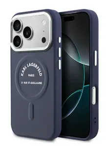 Чехол Karl Lagerfeld на iPhone 17 Pro Max, PU Leather MagSafe, из экокожи, с металлическими рамкой для защиты камеры, кнопками, логотипом RSG, синий