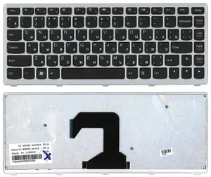 Клавиатура для ноутбуков Lenovo IdeaPad U410 Series, Русская, Чёрные кнопки, Серебряная рамка, p/n: 25-203730
