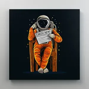 Интерьерная картина на холсте "Винтажный постер - космонавт читает газету" на подрамнике 25x25 см