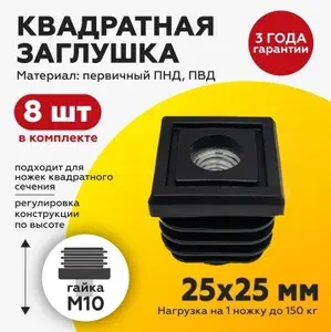 Заглушка для труб квадратного сечения 25х25 мм с гайкой М10 (8шт)
