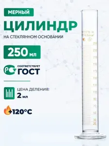 Цилиндр мерный 250 мл (без поверки), (термостойкое боросиликатное стекло Boro 3.3), Лаборио