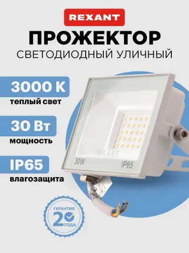 Прожектор светодиодный уличный 30 Вт, 3000К теплый свет, IP65, белый корпус REXANT