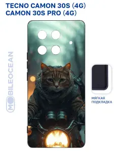 Чехол для Tecno Camon 30S 4G, Tecno Camon 30S Pro 4G с рисунком, с защитой камеры, с мягкой подкладкой из микрофибры, противоударный, черный с принтом КОТ МОТО / Текно Камон 30S Про
