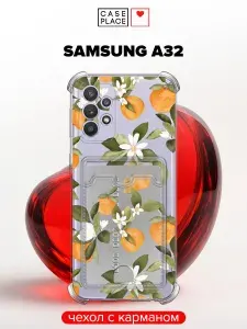 Чехол на Samsung Galaxy A32 (Самсунг А 32) с карманом с цветочками