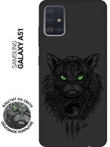Ультратонкая защитная накладка Soft Touch для Samsung Galaxy A51 с 3D принтом "Shaman Cat" черная