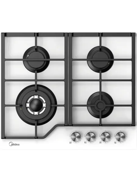 Варочная газовая панель MIDEA MG693TGW 60 см, 4 конфорки, WOK-конфорка, чугунные решетки, автоподжиг