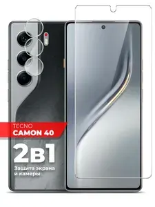 Защитное стекло для Tecno Camon 40 на Экран и Камеру, (гибридное:пленка+стекловолокно), прозрачное силиконовая клеевая основа тонкое Hybrid Glass, Miuko