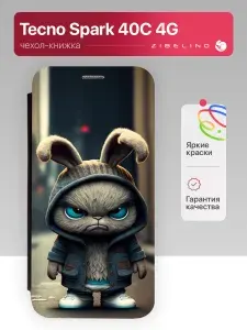 Чехол на Tecno Spark 40C 4G с рисунком, защитный, противоударный, с магнитом, черный с принтом ЗЛОЙ ЗАЯЦ / Текно Спарк 40С