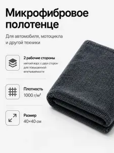 Микрофибра для авто и мотоцикла / Полотенце для сушки и полировки, 1шт. 40x40см, 1000гр/м2