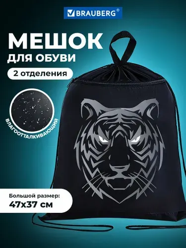 Сумка / мешок / рюкзак для сменной обуви (сменки) Brauberg, с петлёй, карман на молнии, 47х37 см, Tiger Boy