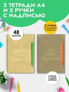 Набор тетрадей А4 в клетку 48 листов с ручкой на пружине в подарок на Выпускной коллеге в офис, в школу мальчику или девочке