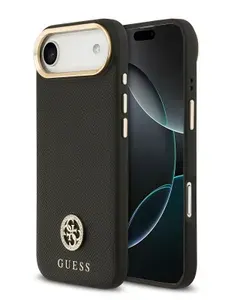 Чехол Guess на iPhone Air, PU Leather MagSafe, из зернистой экокожи, с металлическими защитой камеры, кнопками и логотипом со стразами 4G Diamond, черный