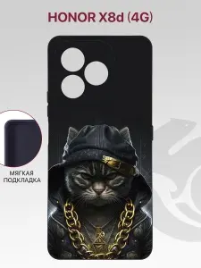 Чехол на Honor X8d 4G с рисунком, с защитой камеры, с мягкой подкладкой из микрофибры, противоударный, черный с принтом КОТ С ЦЕПЬЮ / Хонор Х8д