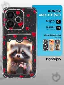 Чехол на Honor 600 Lite 5G с рисунком, с карманом, с картхолдером, с защитой камеры, прозрачный с принтом ЕНОТ СЕРДЦА / Хонор 600 Лайт