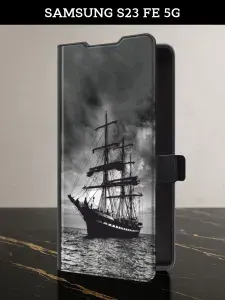 Чехол-книжка на Samsung Galaxy S23 FE 5G (Самсунг S23 FE 5G) с картой и принтом "Корабль в пасмурном море"