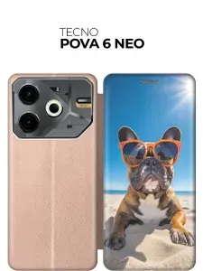 Чехол-книжка на Tecno Pova 6 Neo с принтом "Бульдог на пляже" золотой
