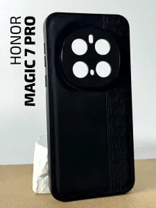 Чехол кожаный на Honor Magic 7 Pro / Чехол на Хонор Меджик 7 Про с защитой камеры, геометрия, черный