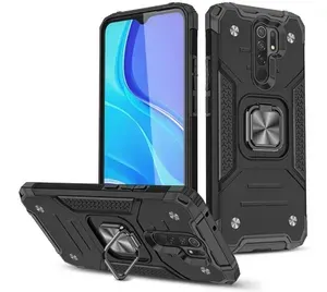 Противоударный чехол для Xiaomi Redmi 9 черный с пластиной для магнитного автодержателя и кольцом подставкой / трансформируется в подставку