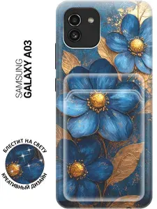 Силиконовый чехол на Samsung Galaxy A03 с принтом "Синие цветы, золотые листья" с карманом для карты