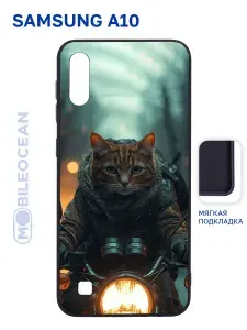 Чехол для Samsung Galaxy A10 (A105) с рисунком, с защитой камеры, с мягкой подкладкой из микрофибры, противоударный, черный с принтом КОТ МОТО / Самсунг Галакси А10