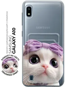 Силиконовый чехол на Samsung Galaxy A10 с принтом "Кошечка с бантиком" с карманом для карты