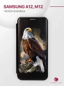 Чехол для Samsung Galaxy A12, Galaxy M12 (A125 A127 M127) с рисунком, защитный, противоударный, с магнитом, черный с принтом ОРЁЛ / Самсунг Галакси А12 Галакси М12