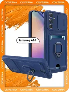 Чехол противоударный на Samsung A16, для Самсунг А16 с защитной шторкой для камеры, карманом для карт и кольцом подставкой, синий