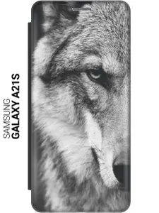 Чехол-книжка на Samsung Galaxy A21s / Самсунг А21с c принтом "Спокойный волк" черный