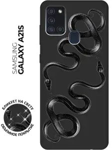 Силиконовый чехол на Samsung Galaxy A21s с принтом "Черные мамбы" матовый черный