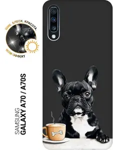 Силиконовый чехол на Samsung Galaxy A70 / A70s с принтом "Французский бульдог и кофе" матовый черный